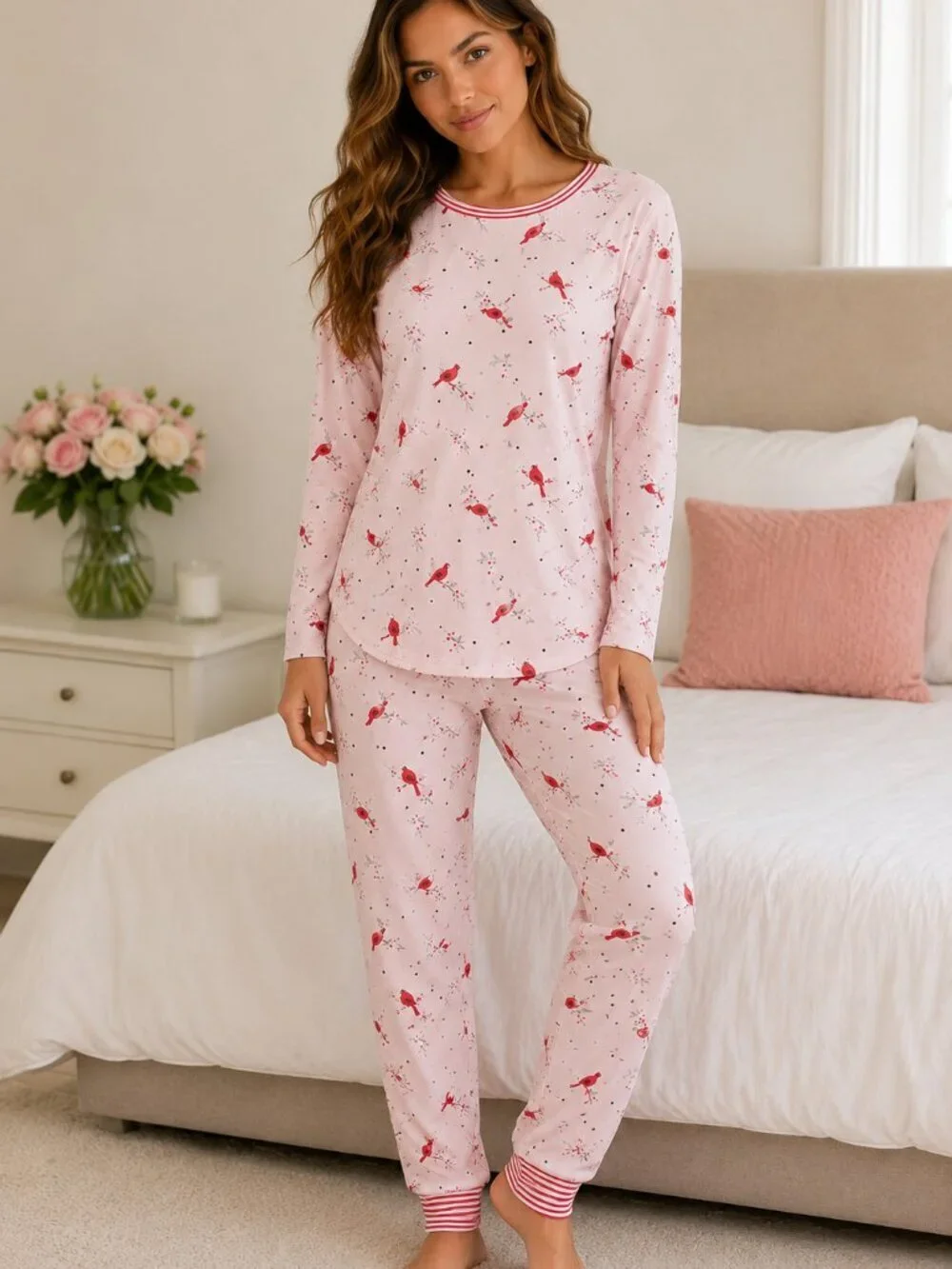 Title: NEW Cuddl Duds 2 Pc Pajama Set Cardinal Print Pink